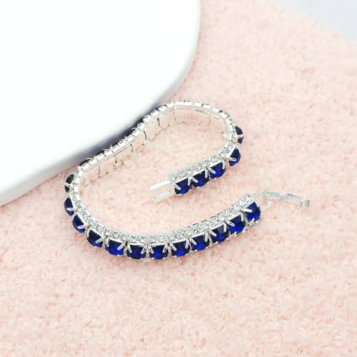 JSEA Bracelete de tênis feminino multicolorido com strass de corte redondo 6 mm folheado a prata Azu