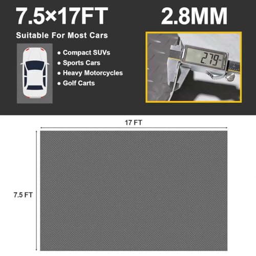 Kerty Garage Floor Mat 2.8mm Thickness PVC Garage Flooring Roll Diamond Plate Floor Mats for Garage, Workshop, Gym, Golf Cart Parking or Trailers (Grey, 7.5 x 17 FT)