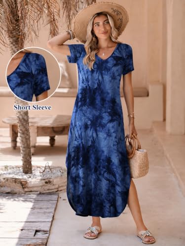 Image of BELAROI Plus Size Maxi Dress for Women Summer Casual V Neck Short Sleeve Long Dress with Pockets Beach Vacation Cover Up
