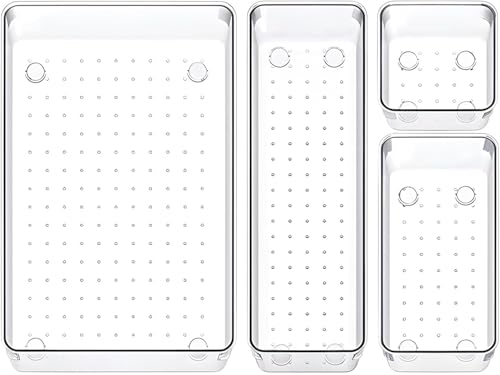 Image of Clear Plastic Drawer Organizers Set, 4 different size Versatile Bathroom and Vanity Drawer Organizer Trays, Storage Bins for Makeup, Bedroom, Kitchen Gadgets Utensils and Office (4 PC SET NEW)