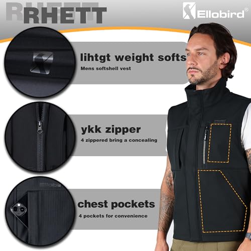 Ellobird Men's Softshell Vest, Warm Windproof Zip Pockets Waterproof Outerwear, Casual Hiking Travel Golf Sleeveless Jacket3