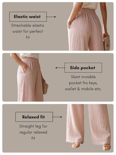 Image of Women's High Waist Wide Leg Trousers | Textured Crinkle Palazzo Pants | Elastic Waist Casual Formal Office Wear Trousers | Comfortable Lightweight Bottom Wear for Women