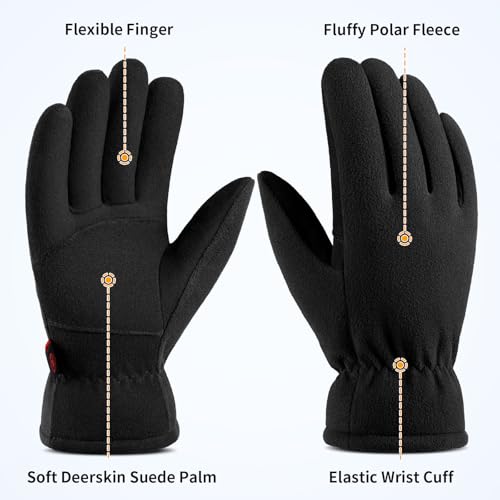 OZERO Winter Gloves for Men Women: -20F Deerskin Waterproof Windproof Leather Polar Fleece Cotton Warm Thermal Insulated Womens Mens Gloves Winter Work Running in Cold Weather-S Denim Black