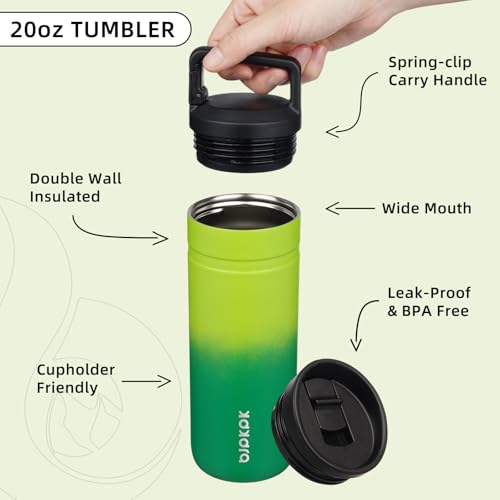 Image of BJPKPK 20 oz Insulated Travel Water Bottle, Coffee Tumbler Stainless Steel | Double Wall Vacuum, Leakproof, Thermal, Keeps Hot /Cold, Dishwasher Safe, Spill Proof, Wide Mouth, 2 Lids, Matcha Green