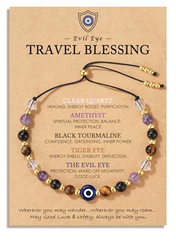 Evil Eye Dainty Bracelet - Natural Crystal Protection Bracelet - 5 Healing Stones Clear Quartz Amethyst Black Tourmaline Tiger Eye Adjustable Spiritual Guardian Jewelry Gift with Meaning Card