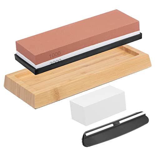 HARFINGTON Sharpening Stone Set 1000/3000 Grit Dual Sided Whetstone Sharpening Kit with Non-Slip Bamboo Base, Angle Guide, 1 Set(4pcs)