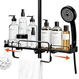 VirtuGro Etagere Douche Telescopique 33-49CM Organisateur Salle De Bain sans Percage ABS + Alliage D'aluminium pour Barres De Douche d'un Diamètre De 18 Mm À 26 Mm avec 6 Crochets Noir