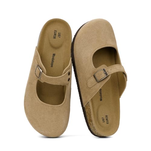 Modatope Women Mary Jane Clogs Faux Suede Cork Footbed Mule, Camel, 6 by Modatope - Used condition - US$55.19