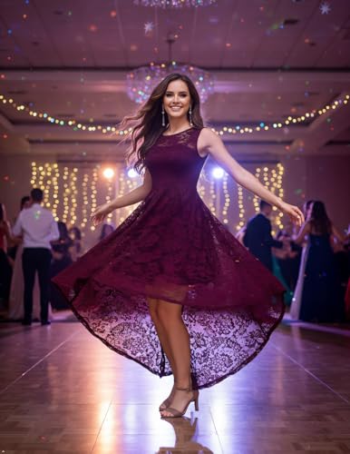 MUADRESS Women's Elegant Floral Lace Dress Sleeveless Crew Neck Hi-Lo Cocktail Prom Dress for Evening Party Burgundy L