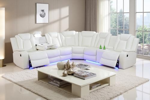 Image of Power Leather Recliner Sectional Sofa with LED Lights for Living Room, L Shaped Reclining Sectional Sofa, Modular Leather Couch with Coffee Table /Hidden Storage for Home Theater Seating