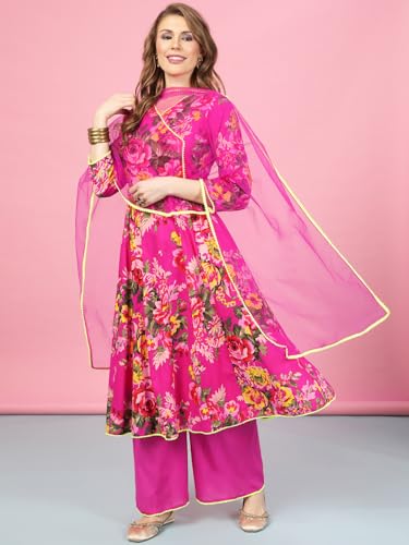 Image of A.T.U.N. (ALL THINGS UBER NICE) Womens Floral Printed Angrakha Pure Cotton Kurta with Palazzos & Dupatta Set | Traditional Ethnic Wear Clothing Set