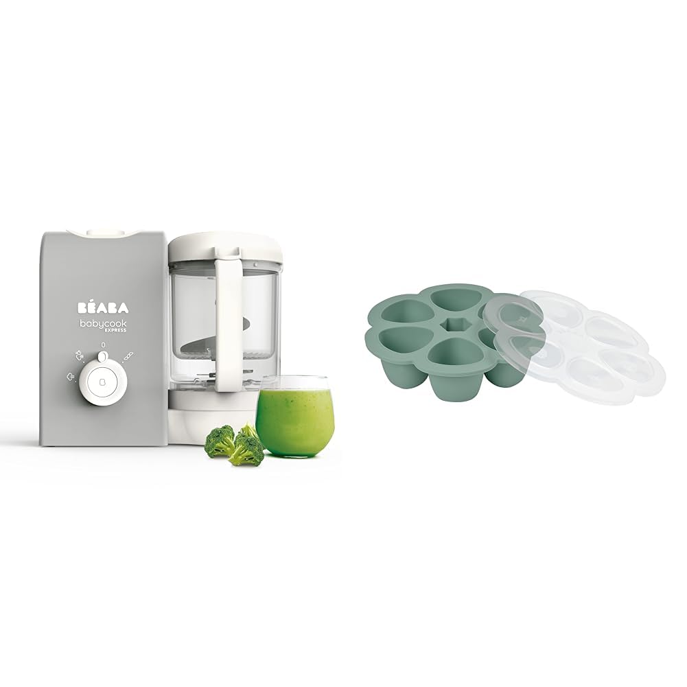 BÉABA, 1 Babycook Solo Express y 1 Multiportions, Robot Bébé 4 en 1 Mixeur-Cuiseur, Cuisson Express 15min, Mixage sur-mesure, Cuisson Vapeur Douce et Saine, Décongélation, Gris et Vert Sauge