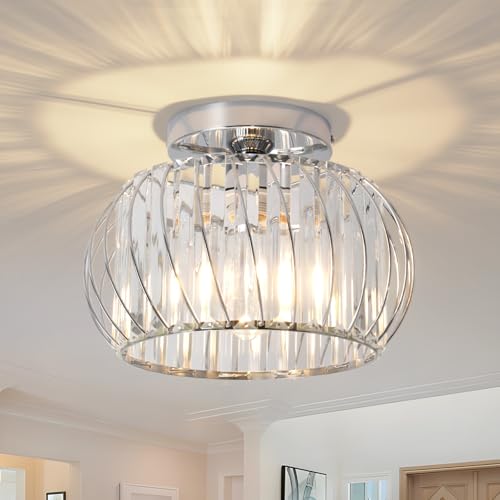 Image of ZYDTRIP Crystals Ceiling Light Fixtures Chandelier, Silver Semi Flush Mount Ceiling Light Fitting for Hallway Entrance Kitchen Bedroom Dining Rooms Living Rooms Bar
