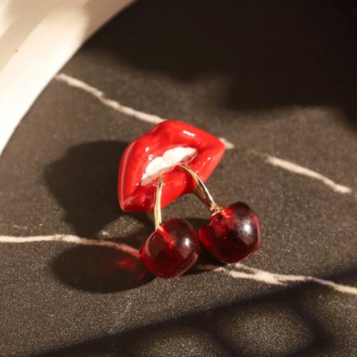 Image of Cherry Lapel Brooch Pin for Women Men Enamel Cherry Lip Brooches Pin Red Sexy Kiss Lip Mouth Lapel Pins Cherrys Jewelry Gift Cloak Scarf