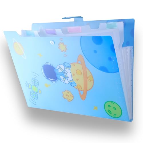 Image of SPS A4 Expanding File Folder - Pack of 4 | Space Theme | 5 Pockets | Pastel Colors - Blue, White, Green, Pink | Snap Button Closure | Fits A4 & Letter Size | Fun & Kid-Friendly