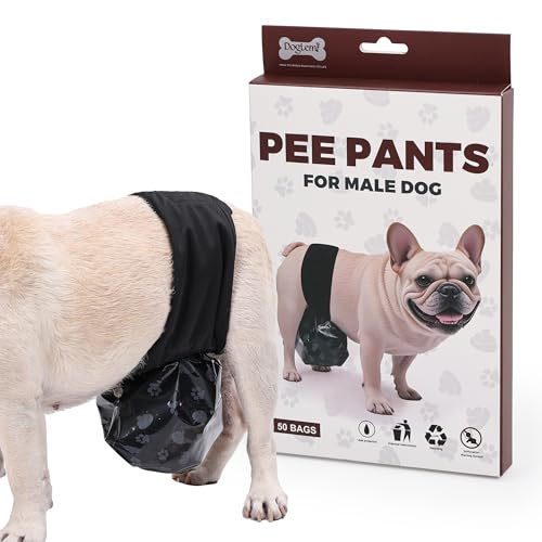 Duuclume Adjustable Male Dog Diapers Pee Wraps, Leak-Proof Automatic Dog Poop Collector Pants with 50 Disposable Waste Bags,Comfortable Breathable Pet Belly Bands Underwear (M)