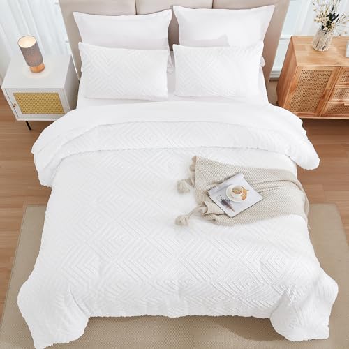 Image of Andency Oversized Queen Size Comforter Set with Sheets White - 7 Pieces Bed in a Bag Oversized Queen Boho Tufted Lightweight Bedding Sets with Comforter, Sheets, Pillowcases & Shams