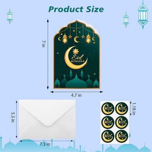 Lucleag Pacote com 20 cartões comemorativos Eid Mubarak com envelopes e selos adesivos, cartão de fe