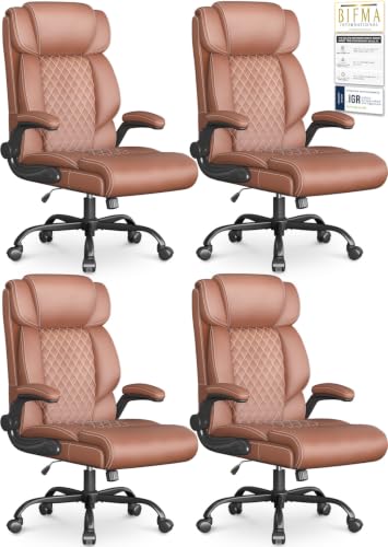 Image of Office Chair-Executive High Back Breathable Big and Tall Office Chair Flip-up Armrests Lumbar Support-Ergonomic Leather Rolling Swivel Chair with Rock Function for Working Studying Gaming,4 Pack