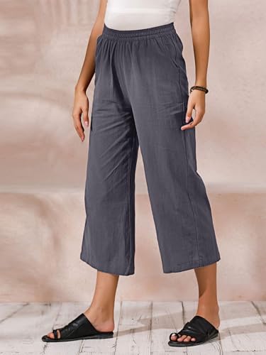 Image of ECUPPER Womens Cotton Cropped Pants Loose Fit Wide Leg Trousers | Casual, Plus Size, Elastic Waist, Capri, 100% Cotton, Slant Pockets, High Rise Waist, Lounge Pants