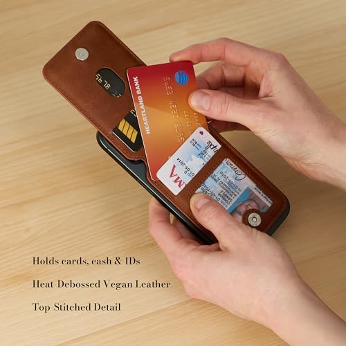 Image of Christian Art Gifts Magnetic Phone Wallet, Stand Firm Bible Verse, Honey Brown Faux Leather, MagSafe Wallet Stand, Snap Closure, 3.9 inch x 2.5 inch