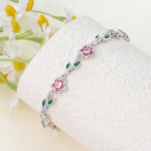 Image of Sunflower /Lily of Valley /Carnation /Camellia /Daisy /Peach Blossom /Rose /Tulip Bracelet 925 Sterling Silver Birth Flower Bracelet for Women Jewelry Gifts