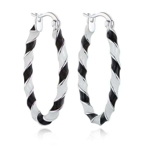MUYUU Enamel Hoop Earrings-Silver Plated Black and White Earrings for Women-Charming Oval Earring Hoops