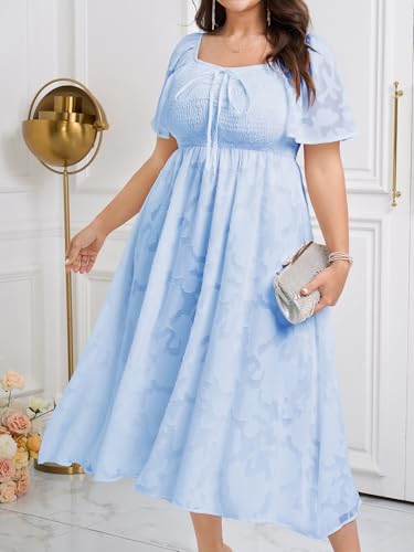 Image of SCOMCHIC Women's Plus Size Formal Dresses Square Neck Short Sleeve Lace Floral Smocked Flowy Long Maxi Wedding Guest Dress