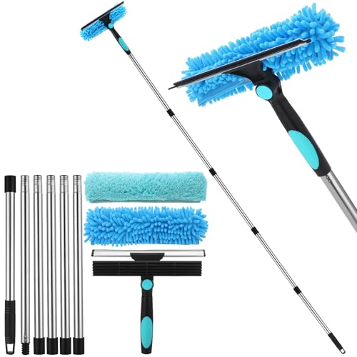 2 en 1 Profesional Raclette Vitre, Kit de Limpieza de Cristales con Manche Télescopique de 240 cm, Limpiacristales telescópico con Tête Flexible para Ventanas Altas de Interior, Azul