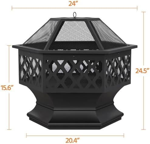 Yaheetech Hexagon Fire Pit Fireplace Portable Firepit Iron Brazier Wood Burning Coal Pit Hex Shaped Fire Bowl Stove with Spark Screen Cover for Outdoor Outside Camping Patio Garden Backyard 24in Black - 3