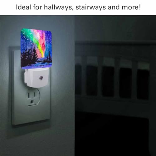 Image of LED Night Light,Winter Forest Northern Lights Snow Landscape LED Night Light Plug into Wall with Dusk to Dawn Light Sensor White Energy Efficient Nightlight for Bedroom Hallway Kitchen