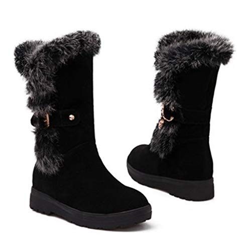 MIOKE Women's Winter Fur Snow Boots Waterproof Mid Calf Suede Buckle Slip On Platform Wide Warm Snow Boot