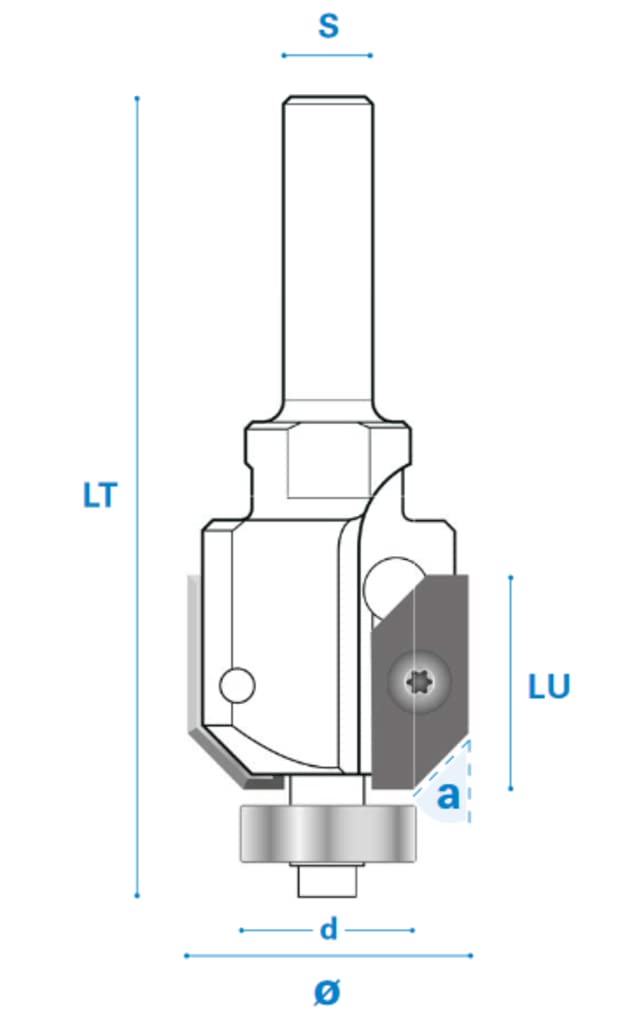 Fresadora con rodamiento de bolas y cuchilla reversible de carburo duro, derecha, corte 2, 45°, longitud de trabajo 24,5 mm, longitud total 80 mm, eje 8 mm