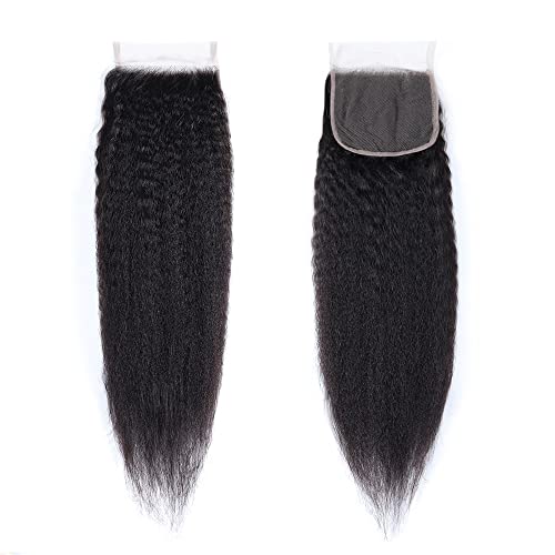 Brazilian Virgin Kinky Straight 4x4 Lace Closure 9A Grade Yaki Straight Human Hair 4x4 Lace closure Free Part Natural Black Color (10Inch, kinky straight closure) - Image 2