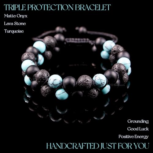 Protection Bracelet for Women/Men – Handmade with Matte Onyx, Turquoise & Lava Stone, 8mm Healing Crystal Bracelet for Grounding, Luck & Positive Vibes2
