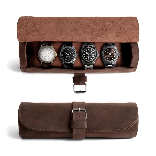 Image of Hide & Drink, Cylinder Watch Case, Holds 4 Watches, Storage Box, Jewelry Roll Organizer, Travel Accessories, Full Grain Leather, Handmade, Bourbon Brown
