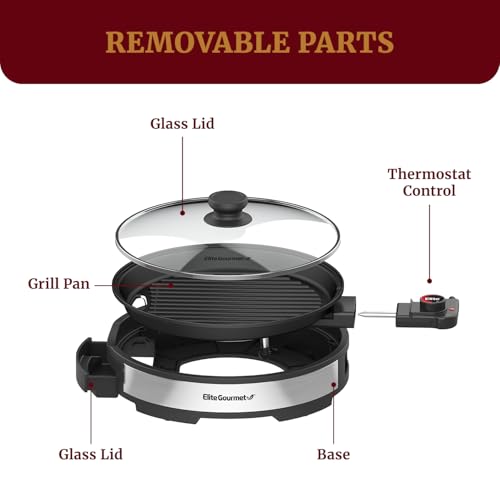 Elite Gourmet EMG6505G 12" Smokeless Indoor Electric BBQ Grill with Glass Lid Dishwasher Safe, Nonstick, Adjustable Temperature, Fast Heat Up, Low-Fat Meals Easy to Clean Design
