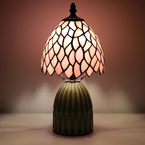 Tiffany-Style Stained-Glass Mushroom Table Lamp 12.5in (Pink Leaf)