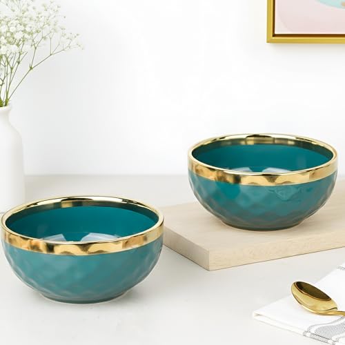 Image of The Earth Store Teal Diamond Gold Ceramic Bowl Set of 2 - 500ML Each | Ceramic Mixing Bowls for Snacks, More | Rice, Dal, Fruits, Salad | Perfect for Gifting & Daily Use