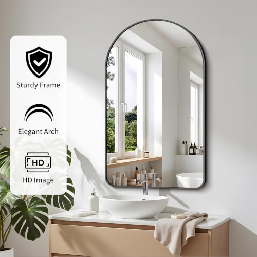 Image of FORBATH Large Arched Wall Mirror 40x24 Inch, Black Arch Bathroom Mirror with Aluminum Frame, Arched Mirror for Dresser, Fireplace,Entryway,Home Decor,Hanging or Leaning Against Wall
