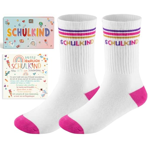 Werfunee Einschulung Geschenk Schulkind Socken 25-34 für Mädchen Jungen Geschenke zur Einschulung & Schultüte Füllung mit Karte & Geschenkbox Spruch zum Schulanfang 2026 (Rosa)
