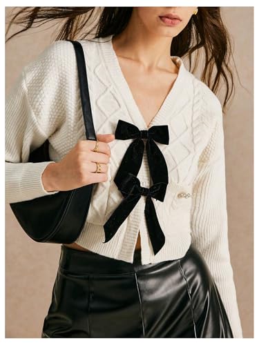 Image of BEAUDRM Women's Bowknot Cropped Cardigan Sweater Long Sleeve Button Up Knit Tops Outerwear Beige Medium