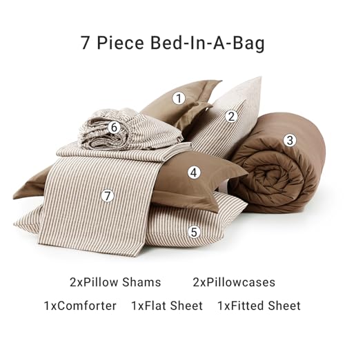 Image of Monbix King Size Comforter Set- 7 Pieces Soft Bed in a Bag King Bedding Set | All Season Brown Prewashed Comforter with Striped Sheets, Pillowcases & Shams