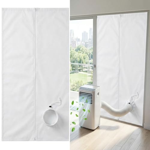 Oziral Türabdichtung für Mobile Klimageräte 100x210cm Klimaanlage Türabdichtung mit Zugband-Öffnung 7M Klettband Mobile Klimaanlage Fensterset Balkontürabdichtung Abluftschlauch Dichtung
