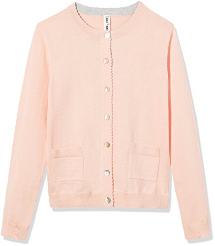 Kid Nation Girl's School Uniform Sweater Button Up Cardigan with Pockets Crew Neck Long Sleeve (Pink, XL/11-12Y)