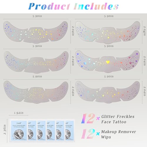 HOSAILY 12 pcs Holographic Multichrome Glitter Freckles Face Tattoo, Waterproof Sparkle Face Glitter Speckles Patches for Women, Cute Star Glitter Temporary Tattoo Makeup Accessories for Festival Rave