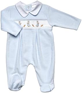 Baby Boys Spanish Style Velour Romper Smocked Embroidered Rabbits Outfit