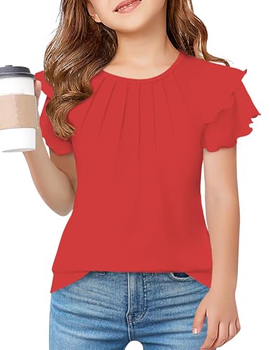Image of Arshiner Girls T Shirts Ruffle Short Sleeve Summer Pleated Crewneck Casual Tops Tees Blouses