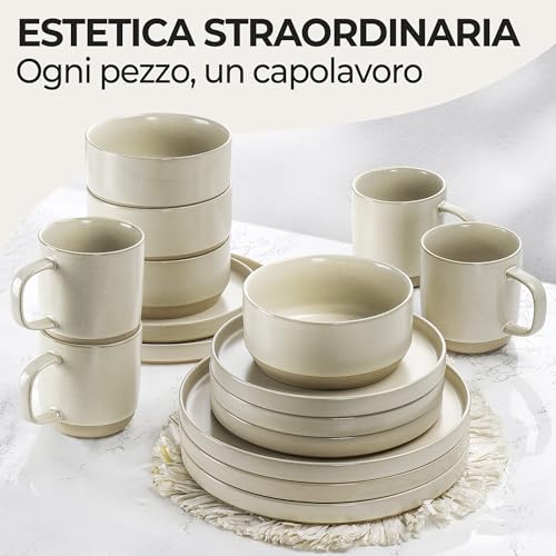 MIAMIO - Set di stoviglie per 4 persone/Set di stoviglie in pietra da 16 pezzi in beige/Lavastoviglie e microonde - Collezione Sierra(chiaro, (16x)) - immagine 5