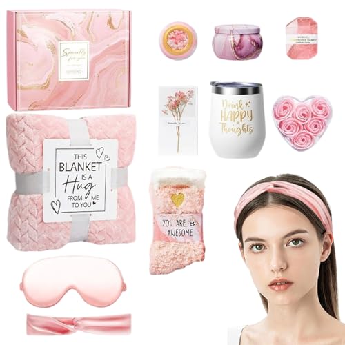 GkgWuxf Cesta Spa Cuidado Personal | Regalo de Cumpleaños para Mujer - Set de Relajación y Bienestar con Manta de Franela para Hermana Madre Esposa Amiga